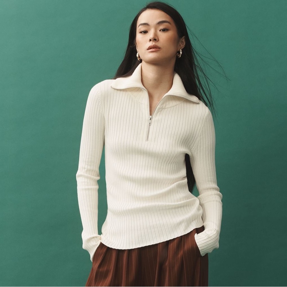 NWT! Anthropologie Maeve Ivory Fitted Half-Zip Sweater